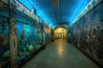Fototapeta premium murals of underwater world, with schools of fish and rays swimming in the background, created with generative ai