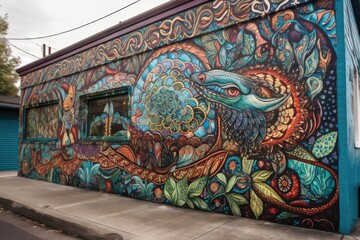 colorful mural of mythical creature, with detailed ornaments and patterns, created with generative ai