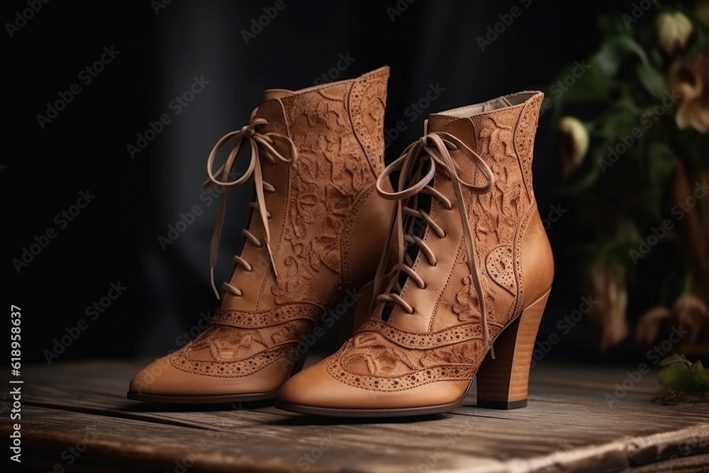 Poster elegant leather boots with delicate laces and high heels, created with generative ai