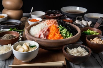 a bowl of deconstructed sushi roll, with ingredients and flavors on display, created with generative ai