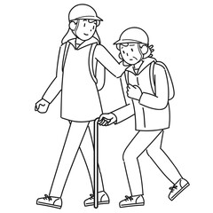 災害時に避難する高齢女性と支援する女性