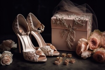 elegant footwear collection for wedding, with bridal shoes and accessories, created with generative ai