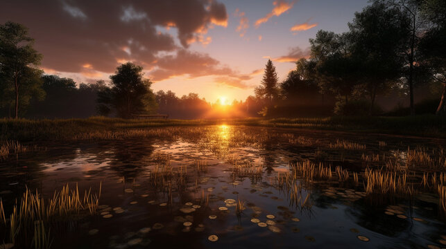 sunrise over lake HD 8K wallpaper Stock Photographic Image