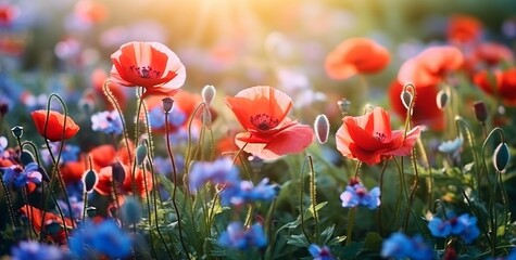 An illustration of a colorful spring-summer landscape with red poppy flowers in a meadow, glowing in the sun. Selective focus and shallow depth of field. Created with Generative AI technology
