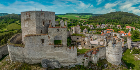 Fototapeta na wymiar Aerial view of Rabi castle, largest medieval fortress ruin in the Czech Republic with concentric walls and round towers