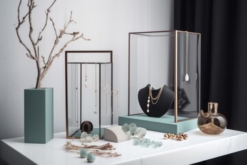 a chic and minimalist jewelry display, featuring delicate necklaces and earrings, created with generative ai