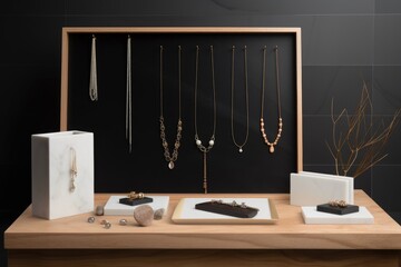 a minimalist jewelry display featuring simple, single-piece necklaces and earrings, created with generative ai
