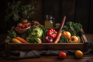 a rustic wooden tray with a variety of fresh fruits and vegetables, created with generative ai