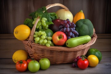 Naklejka na ściany i meble a basket of fresh fruits and vegetables, ready for snacking or cooking, created with generative ai