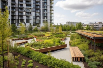 green rooftop garden, with pathways and benches, providing tranquil setting, created with generative ai
