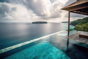 luxury hotel with infinity pool and breathtaking view of the ocean on remote island, created with generative ai