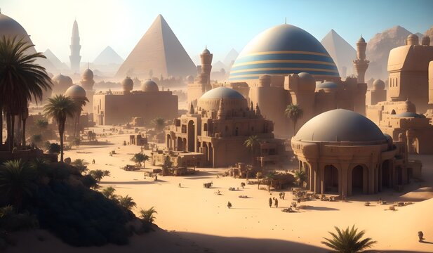 Modern egyptian village fantasy landscape. Generative AI