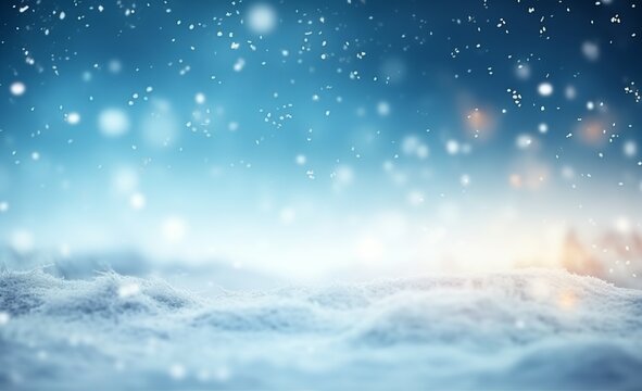 An illustration of a winter snow background with snowdrifts, beautiful light, and falling flakes of snow on a blue sky, featuring drifting snow and ample copy space. Created with Generative AI technol