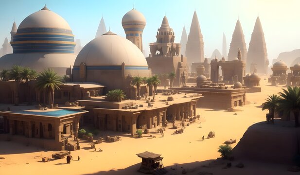 Modern egyptian village fantasy landscape. Generative AI