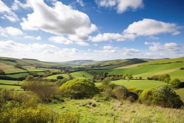 rolling countryside hills, with clouds and blue sky in the background, created with generative ai