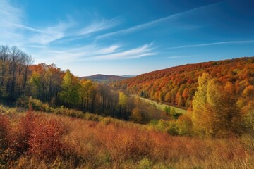 rolling hills with colorful fall foliage and clear blue skies, created with generative ai