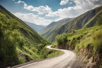 Naklejka premium scenic road trip through the mountains with dramatic views and lush greenery, created with generative ai