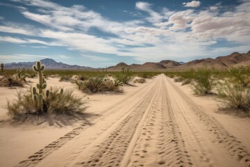 scenic road trip through the desert, with sand dunes and cacti in the background, created with generative ai