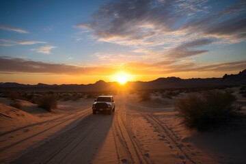 scenic road trip through the desert, with towering sand dunes and dramatic sunsets, created with generative ai