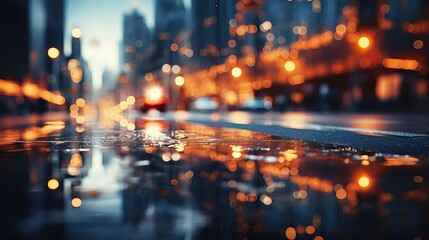 water drops on the rainny day. night view in the city. night bokeh background. GenerativeAI
