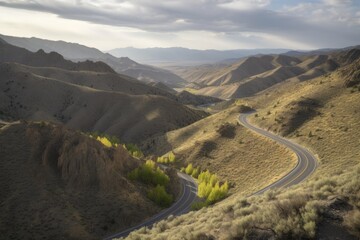 Naklejka premium scenic road trip through mountain range, with winding roads and scenic views, created with generative ai