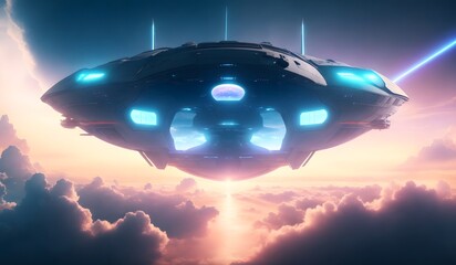 Fototapeta na wymiar Futuristic UFO flying in the air. Generative AI