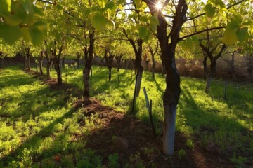 tree sprouts growing in shaded orchard, their delicate leaves reaching for the light, created with generative ai