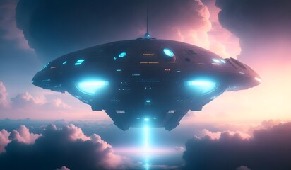 Naklejka na ściany i meble Futuristic UFO flying in the air. Generative AI