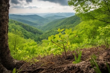 sprouting tree sprouts in forest setting, with view of rolling hills and mountains, created with generative ai