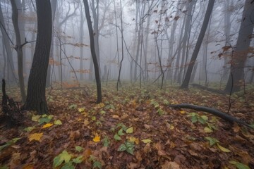wandering forest with misty fog and dew on the leaves, created with generative ai