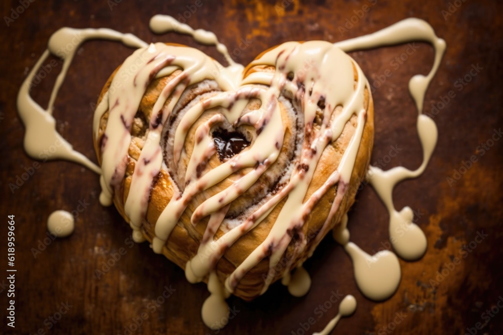 Sticker heart-shaped cinnamon roll drizzled with gooey icing and sprinkled with crunchy pecans, created with generative ai