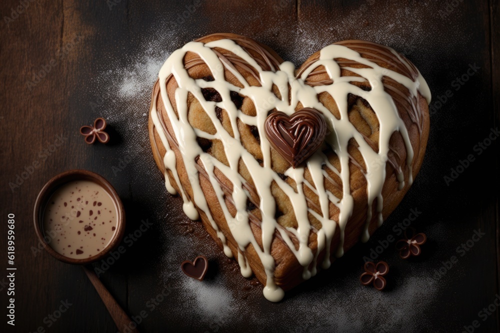 Canvas Prints heart-shaped cinnamon roll, with icing drizzle, surrounded by string of heart cookie cutouts, created with generative ai