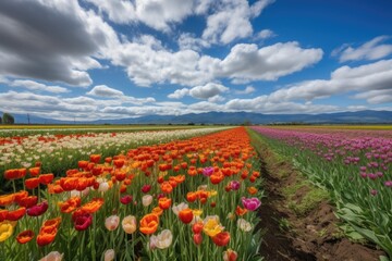 Fototapeta premium view of tulip fields, with colorful blooms and fluffy clouds in the sky, created with generative ai