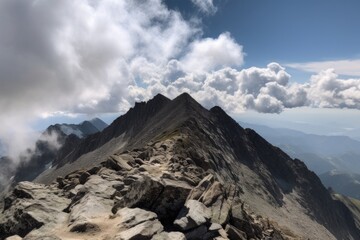 summit view, with clouds and blue sky above and below, of mountain range, created with generative ai