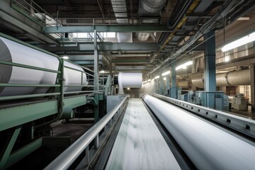 Obraz premium pulp and paper factory, with conveyor belts transporting freshly made rolls of paper, created with generative ai
