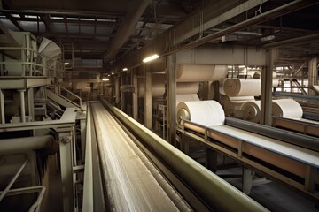 Fototapeta premium pulp and paper factory, with conveyor belts transporting rolls of paper, created with generative ai