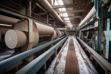 massive pulp and paper mill, with conveyor belts carrying massive rolls of recycled paper, created with generative ai