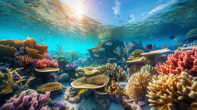 coral reef in the sea HD 8K wallpaper Stock Photographic Image