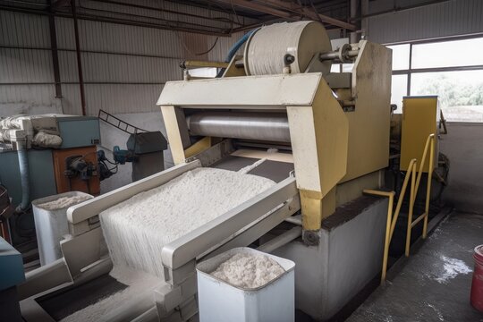 grinding machine pulverizing recycled paper into pulp for new paper products, created with generative ai