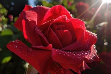 close-up of vibrant red rose with dew drops glistening in the morning sun, created with generative ai