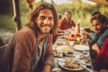 Man enjoying a rustic outdoor lunch with friends, sharing food and laughter in the countryside.