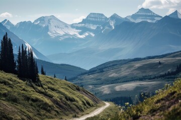 majestic mountain range, viewed from winding road with peaks and valleys visible, created with generative ai