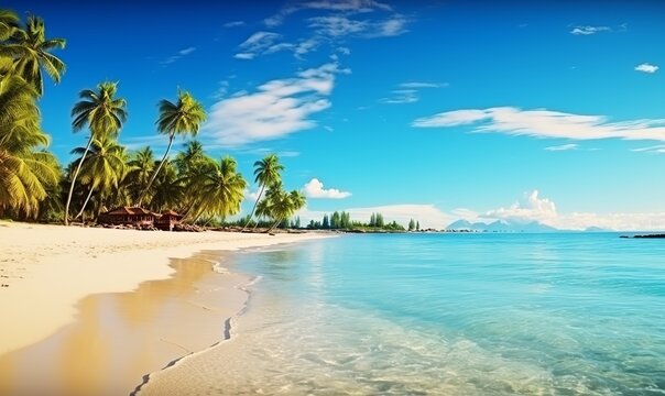 An illustration of a beautiful beach with white sand, turquoise ocean, green palm trees, and a blue sky with clouds on a sunny day. Created with Generative AI technology