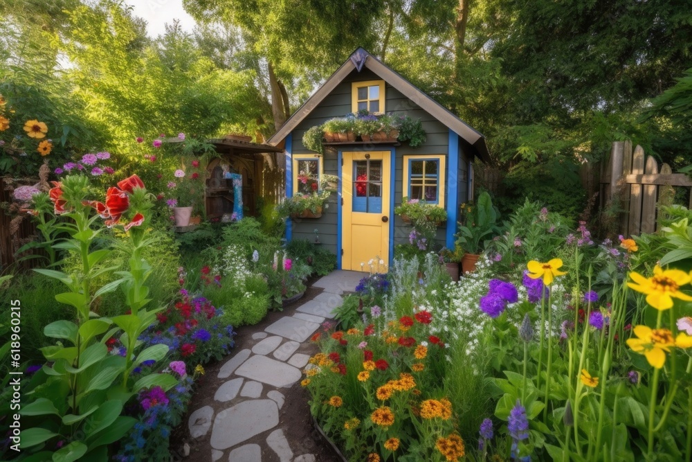 Sticker tiny house in lush garden, with colorful flowers and greenery, created with generative ai