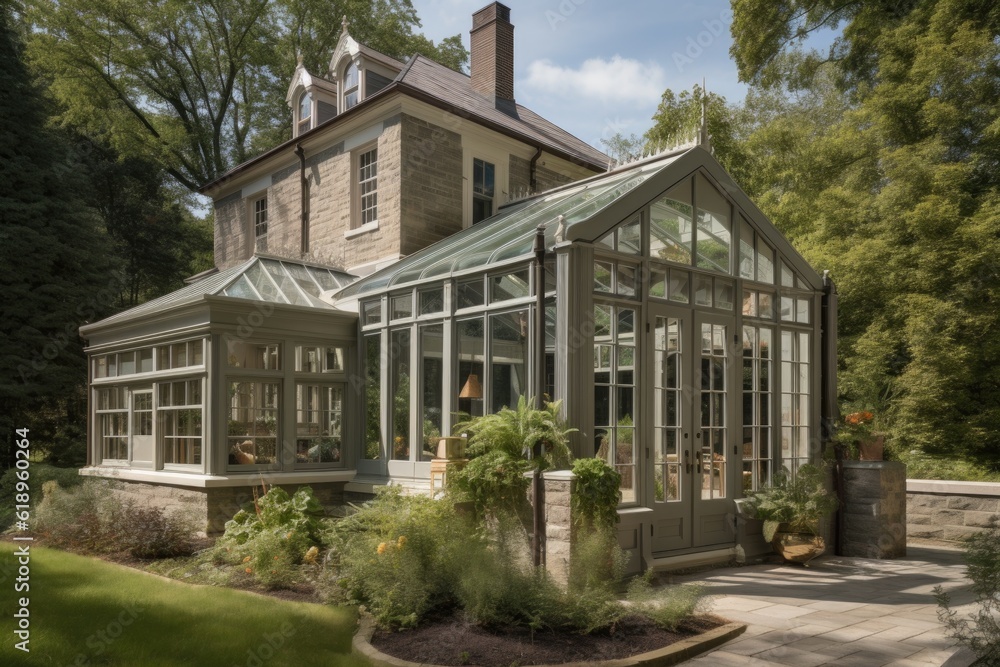 Canvas Prints traditional home with sunroom addition to maximize natural light and bring in greenery, created with generative ai