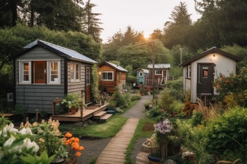 tiny home community of like-minded people, living peacefully and in harmony with nature, created with generative ai - obrazy, fototapety, plakaty