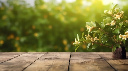 Empty wooden plank on the nature spring background. for presentation product.