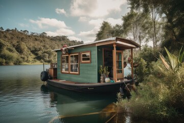 a tiny house on a boat, with water and natural surroundings in the background, created with generative ai