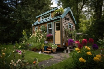 Fototapeta na wymiar tiny home nestled amongst lush greenery and blooming flowers, created with generative ai