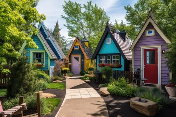 a tiny house community filled with whimsical, colorful homes in a park setting, created with generative ai